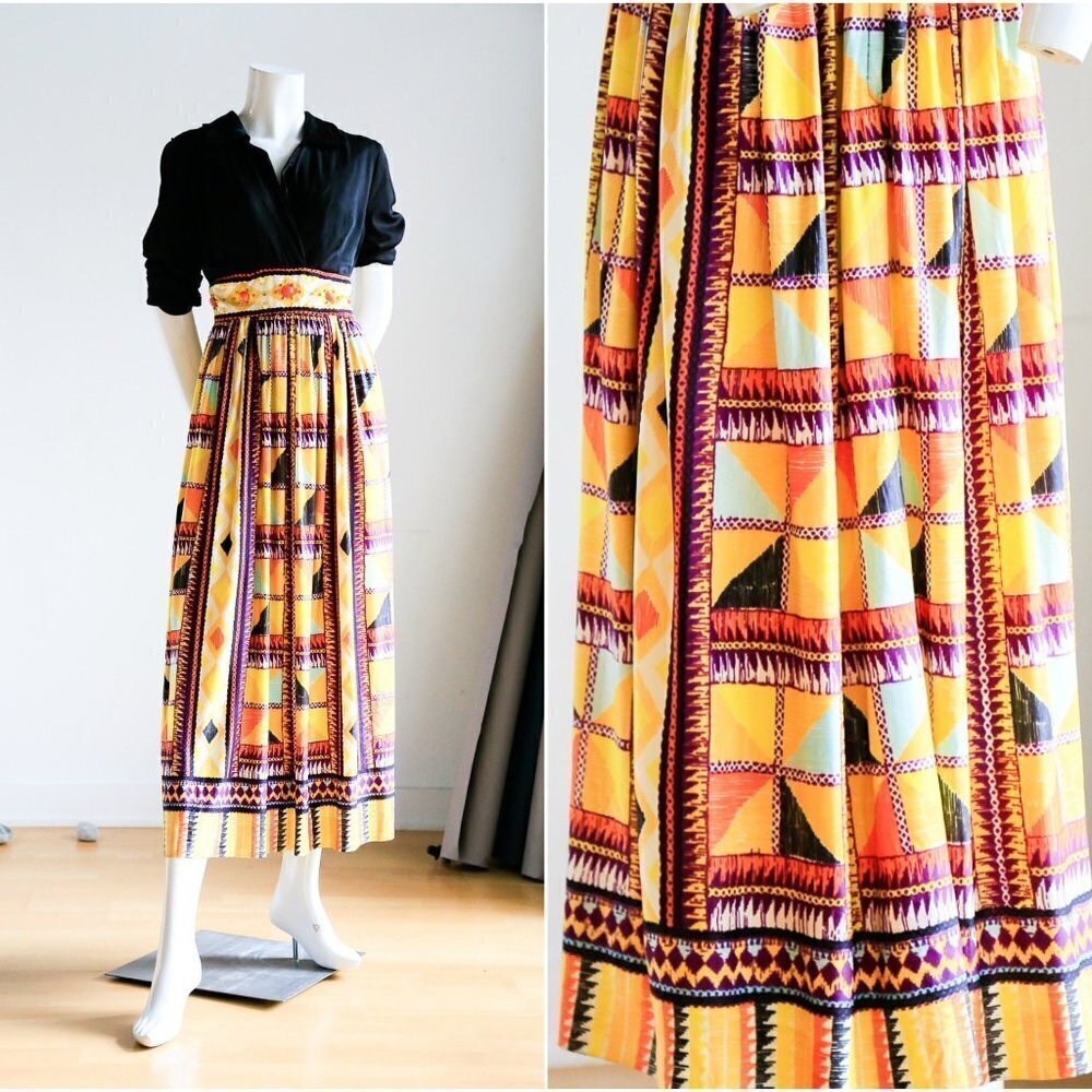70s  Orange Yellow Geometric Print Maxi Dress |Long